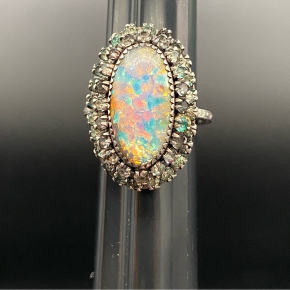 Vintage Martelli Sterling Art Deco Rhinestone and Opal? Ring Size 6 - Picture 12 of 14